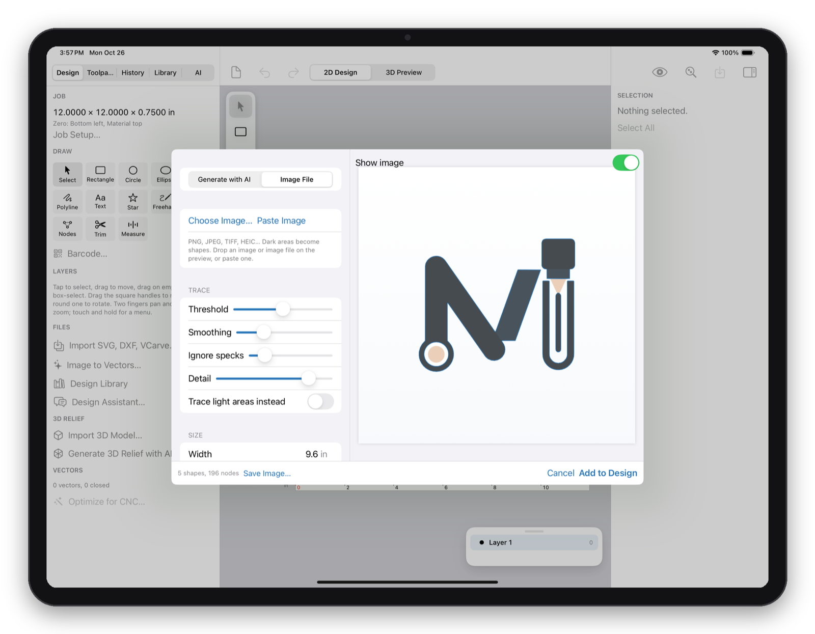 Makivo on iPad: Image to Vectors tracing a logo into cutting outlines
