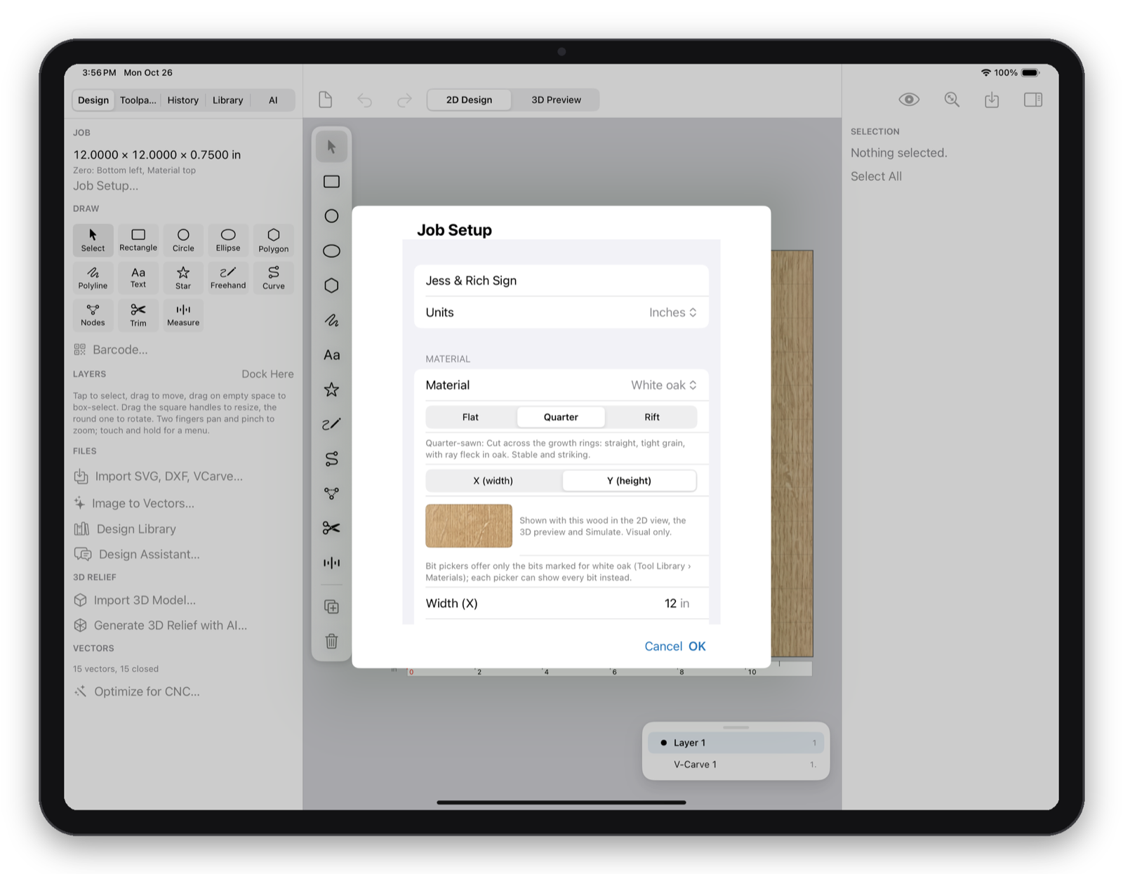Makivo on iPad showing the Job Setup sheet with a wood species picker
