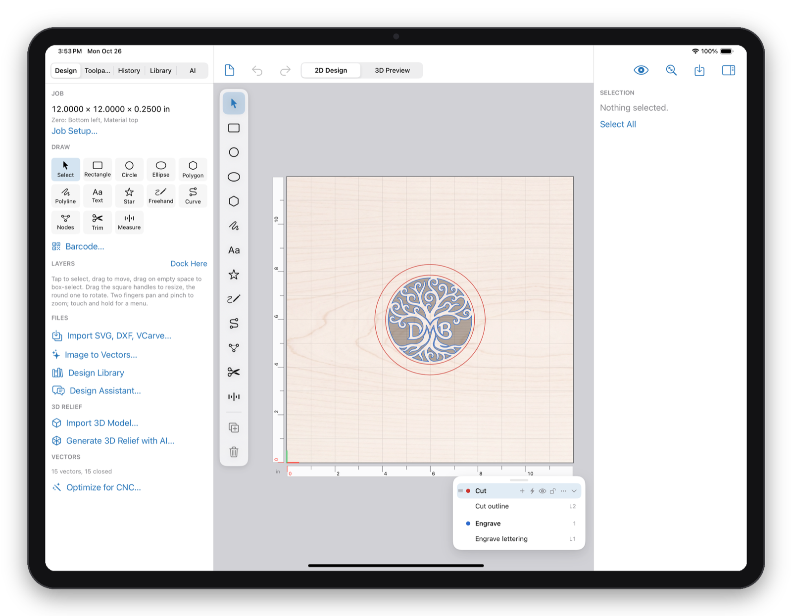 Makivo on iPad showing laser Cut and Engrave layers on the design canvas