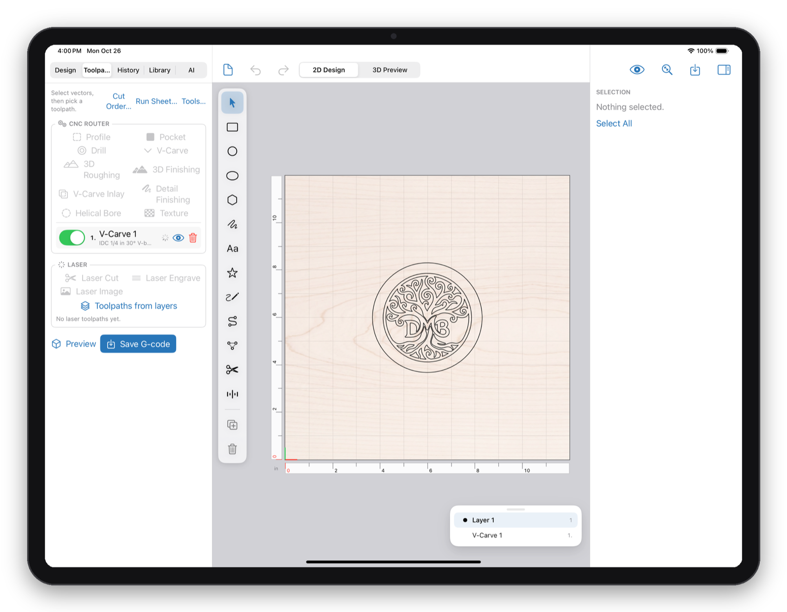 Makivo on iPad showing the Toolpaths tab with router and laser toolpath types